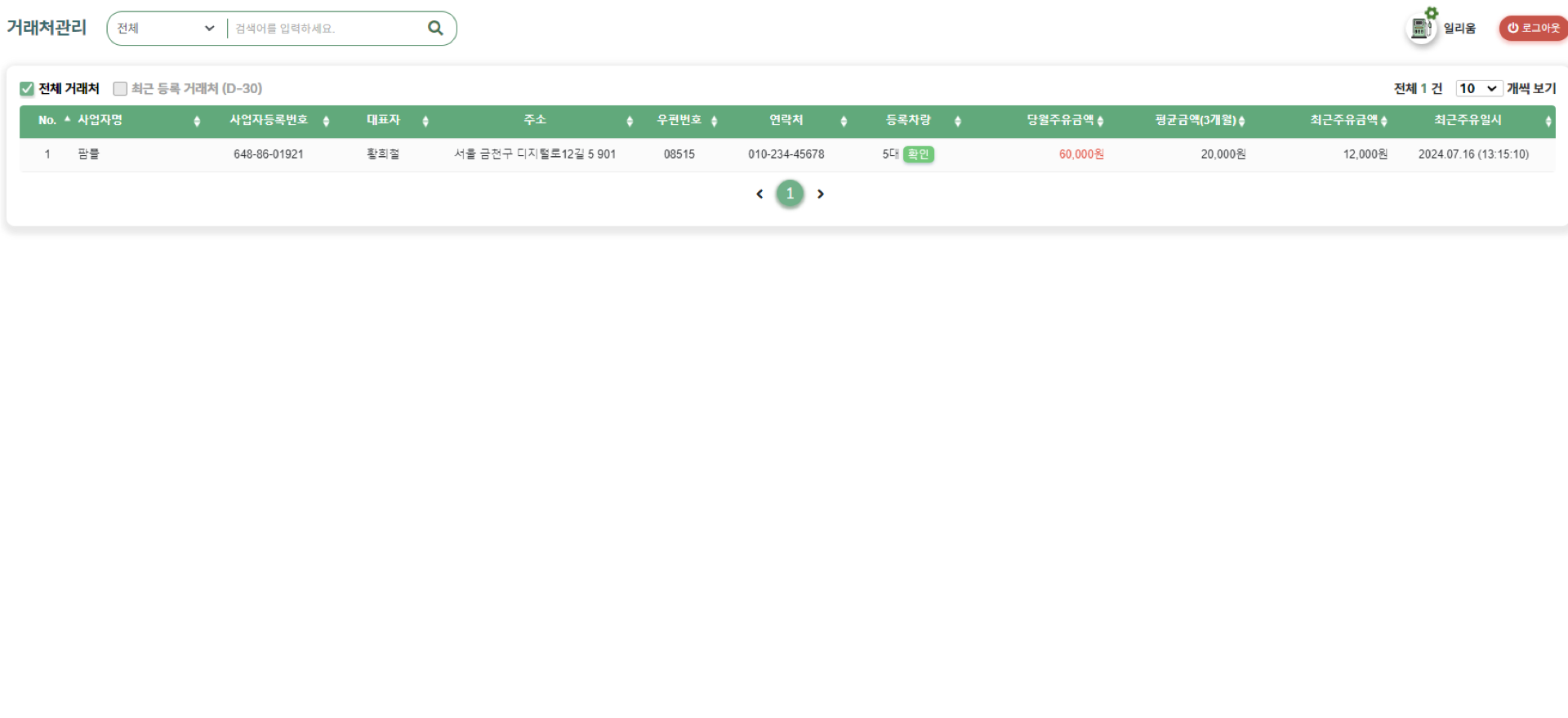 거래처 관리 화면